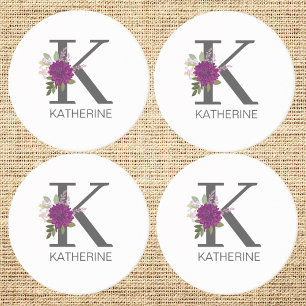 Burgundy Dahlia Floral Alphabet Letter Monogram   Coaster