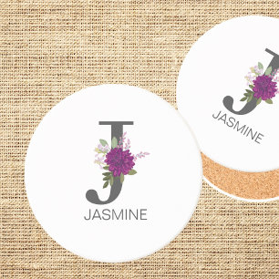 Burgundy Dahlia Floral Alphabet Letter Monogram   Coaster