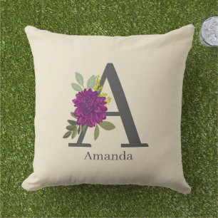 Burgundy Dahlia Floral Alphabet Letter Monogram Outdoor Pillow