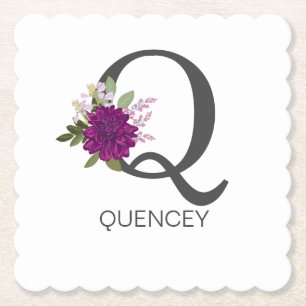 Burgundy Dahlia Floral Alphabet Letter Monogram   Paper Coaster