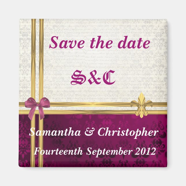 Burgundy damask and gold ribbon save the date magnet (Front)