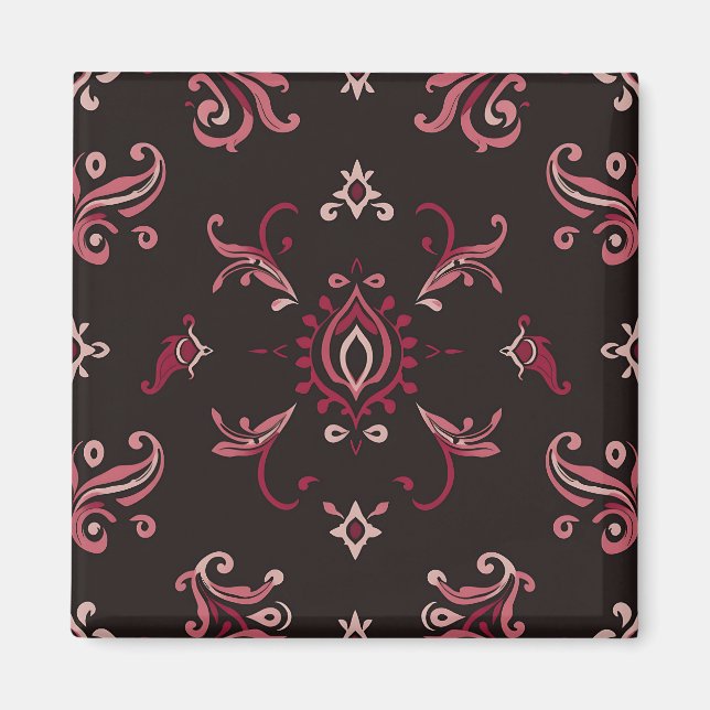 Burgundy Damask Floral Ornament Pattern Magnet (Front)