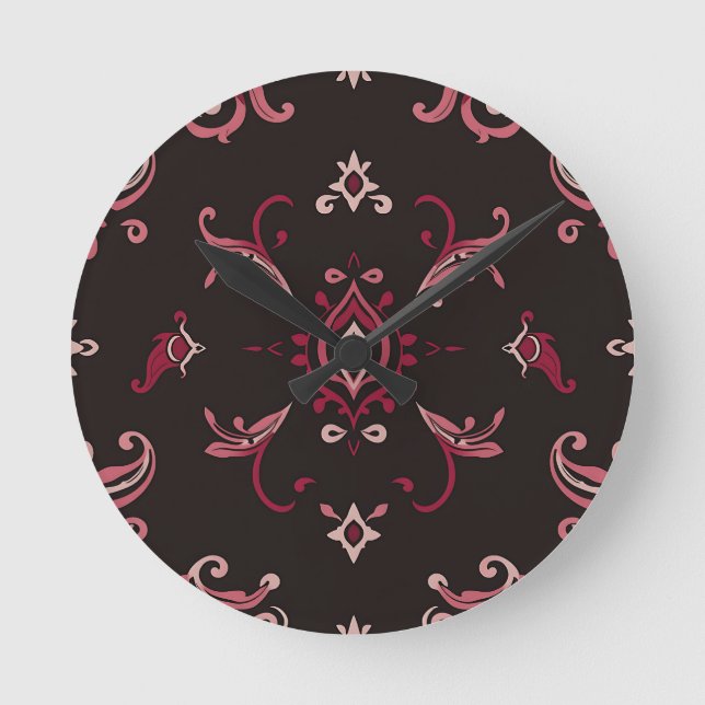 Burgundy Damask Floral Ornament Pattern Round Clock (Front)