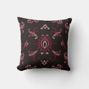 Burgundy Damask Floral Ornament Pattern Throw Pillow