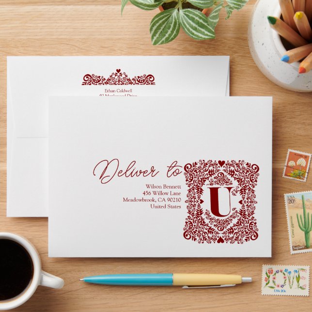 Burgundy Damask Modern Letter U Envelope (Desk)