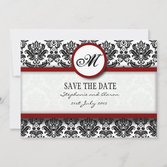Burgundy Damask Monogram Save The Date Card (Front)