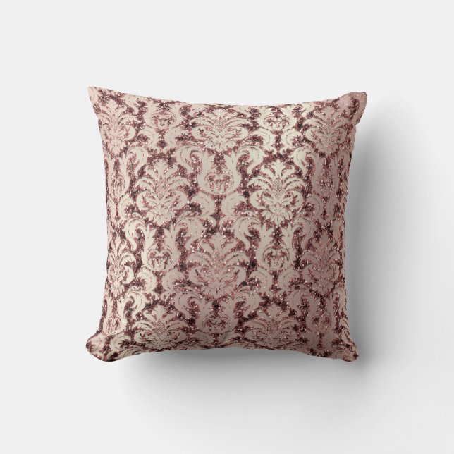 Burgundy Damask Pink Rose Gold Blush Sequin Pearl Throw Pillow (Front)