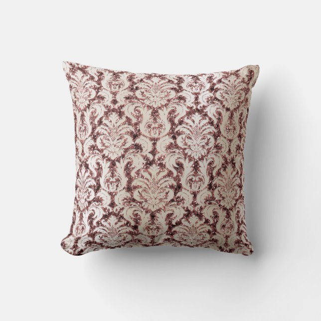 Burgundy Damask Pink Rose Gold Sequin Ivory Pearl Throw Pillow (Front)