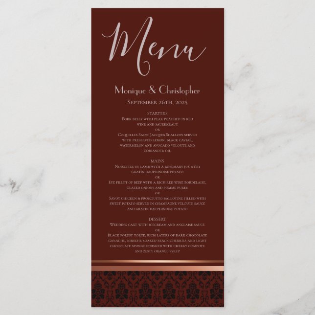 Burgundy Damask Rose Gold Trim Wedding Menu (Front)