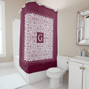 Burgundy damask, scalloped borders and monogram