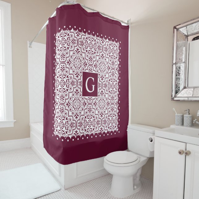 Burgundy damask, scalloped borders and monogram (In Situ)