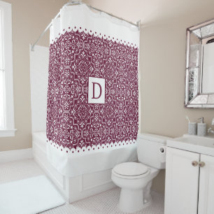 Burgundy damask, white scalloped borders monogram
