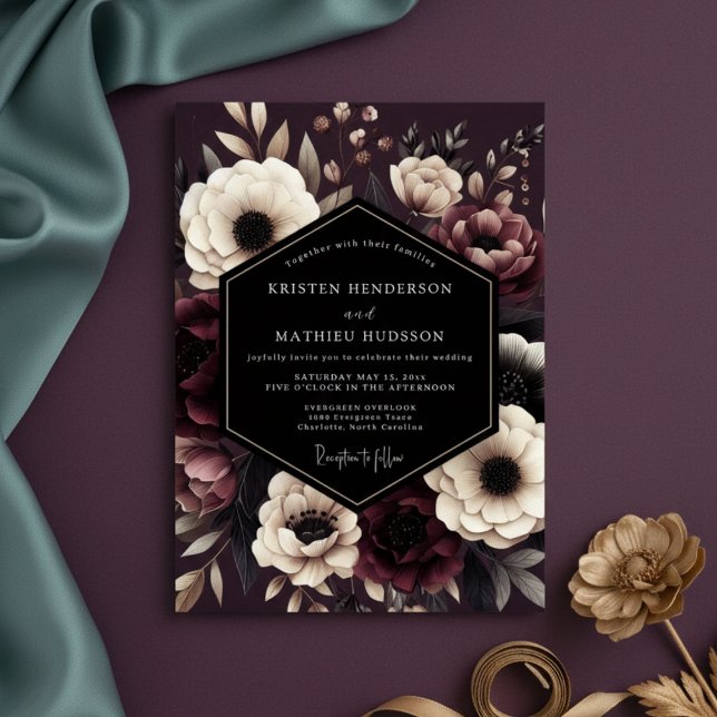 Burgundy Dark Floral Romance Wedding Invitation (Creator Uploaded)