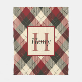 Burgundy, Dark Gray and Tan Plaid Personalized Fleece Blanket