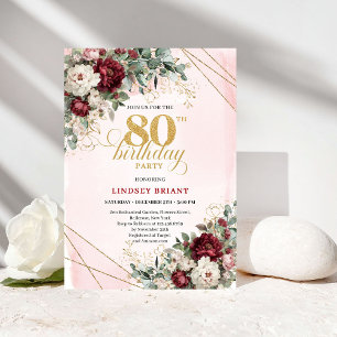 Burgundy Deep Red Floral Gold 80th Birthday Invitation