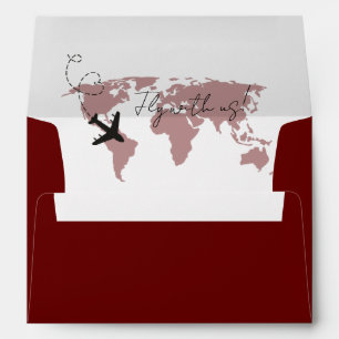Burgundy Destination Airplaine World map Wedding Envelope