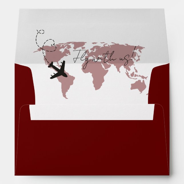 Burgundy Destination Airplaine World map Wedding Envelope (Back (Bottom))