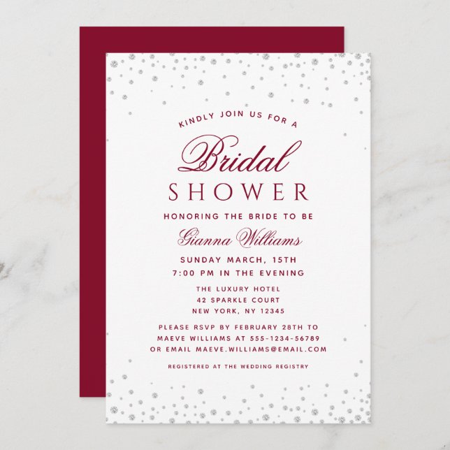Burgundy Diamonds Modern Luxury Bridal Shower Invitation (Front/Back)