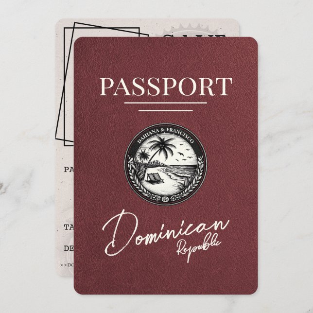 Burgundy Dominican Republic Passport Save The Date (Front/Back)