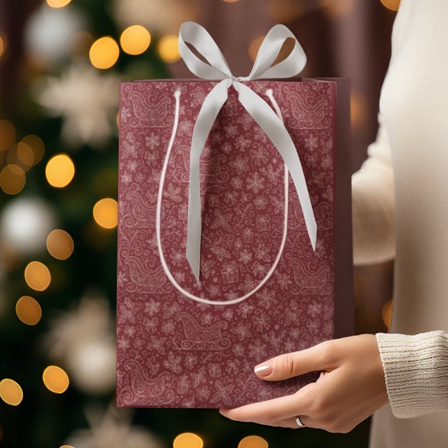Burgundy Doodle Christmas Sleigh Pattern Medium Gift Bag (Creator Uploaded)