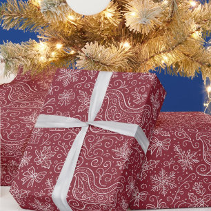Burgundy Doodle Christmas Sleigh Pattern Wrapping Paper