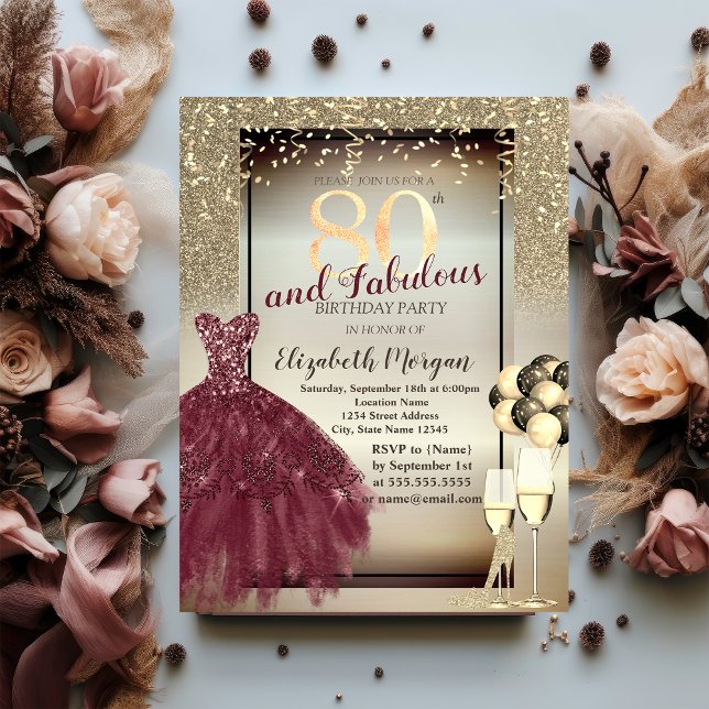 Burgundy Dress,Balloons,Glitter 80th Birthday Invitation (Creator Uploaded)