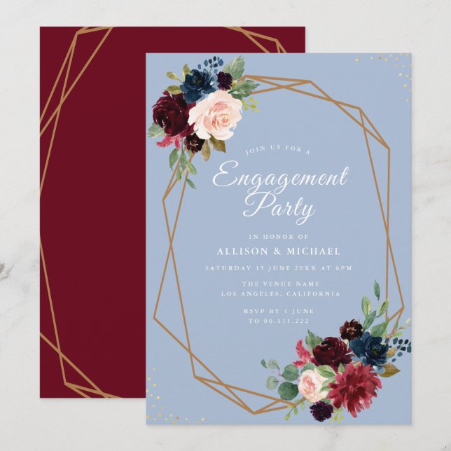 burgundy dusty blue floral geometric engagement  invitation (Front/Back)