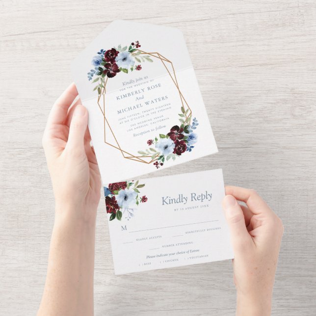burgundy dusty blue floral geometric wedding all in one invitation (Tearaway)