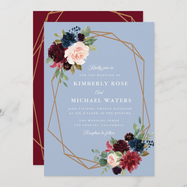 Burgundy & Dusty blue floral geometric wedding Invitation (Front/Back)