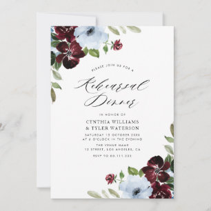 burgundy dusty blue floral rehearsal dinner invitation