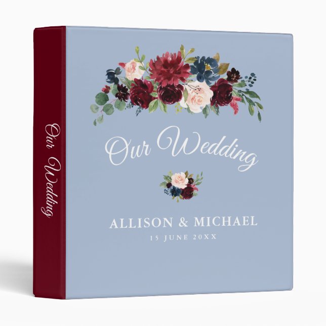 burgundy dusty blue floral wedding album binder (Front/Spine)