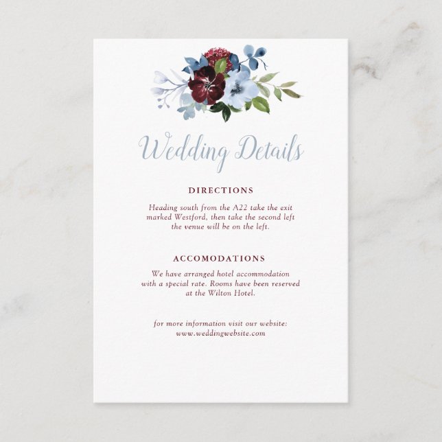 burgundy dusty blue floral wedding details card (Front)