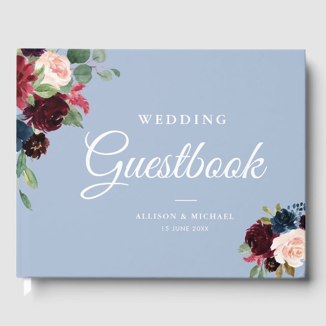 burgundy dusty blue floral wedding guestbook (Front)