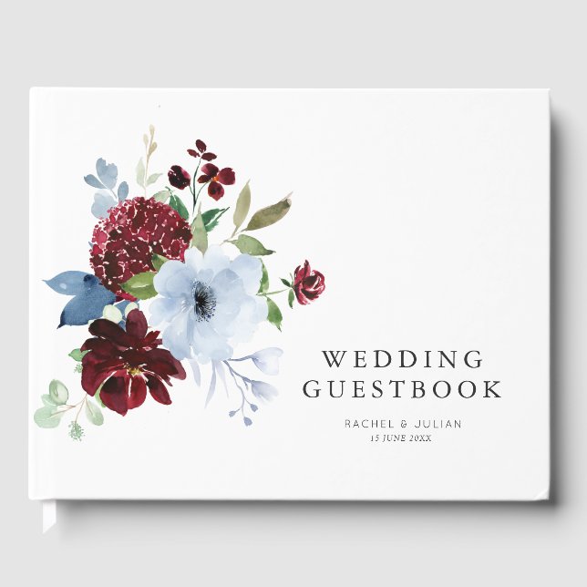burgundy dusty blue floral wedding guestbook (Front)