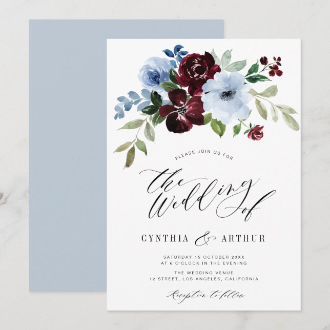 burgundy dusty blue floral wedding invitation (Front/Back)