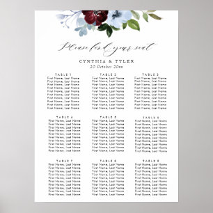 burgundy dusty blue floral wedding seating chart