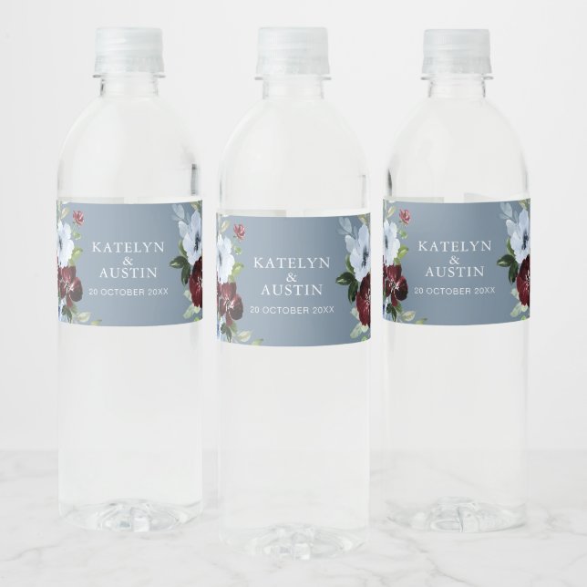 burgundy dusty blue floral wedding water bottle label (Bottles)