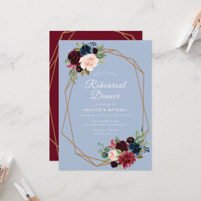 burgundy dusty blue geometric rehearsal dinner invitation (Front/Back In Situ)
