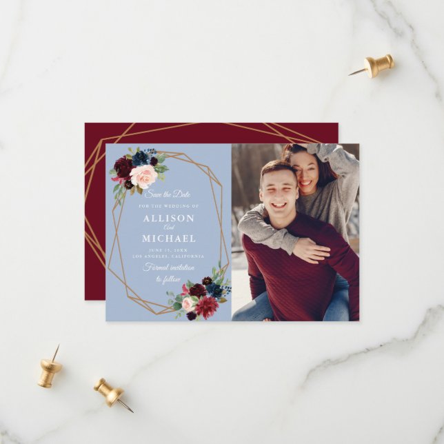 burgundy dusty blue geometric save the date card (Front/Back In Situ)