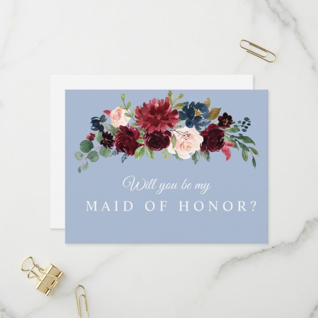 burgundy dusty blue maid of honour card (Front/Back In Situ)