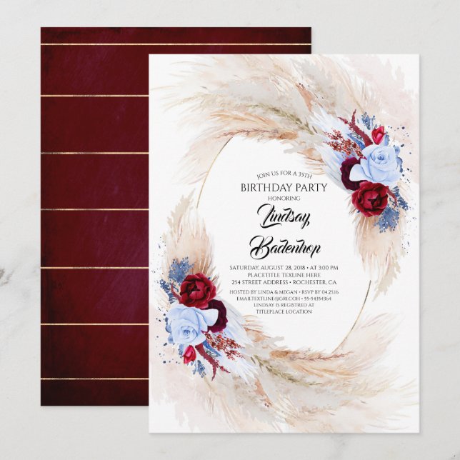 Burgundy Dusty Blue Pampas Grass Birthday Party Invitation (Front/Back)