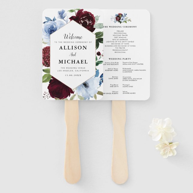 burgundy dusty blue wedding program hand fan (Front and Back)
