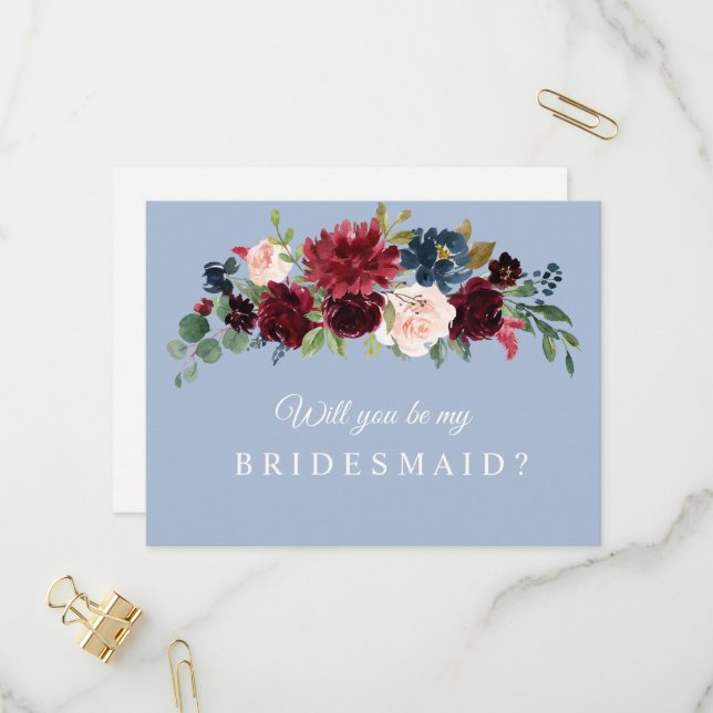 burgundy dusty blue will you be my bridesmaid card (Front/Back In Situ)