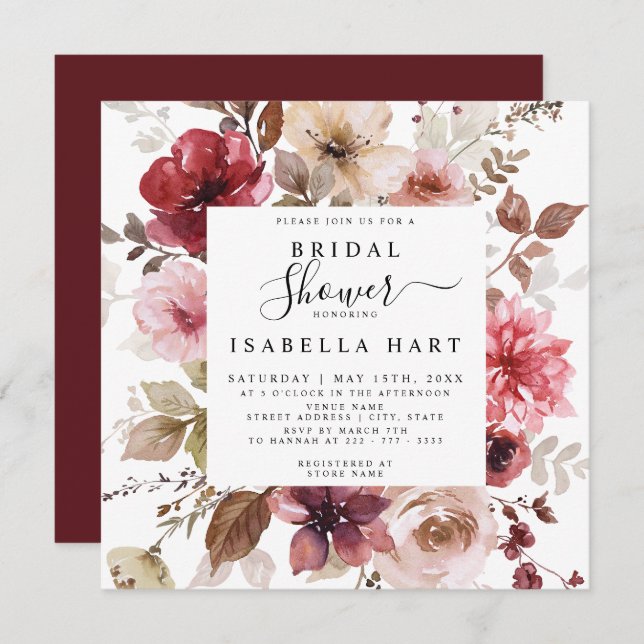 Burgundy Dusty Pink Fall Floral Bridal Shower Invitation (Front/Back)