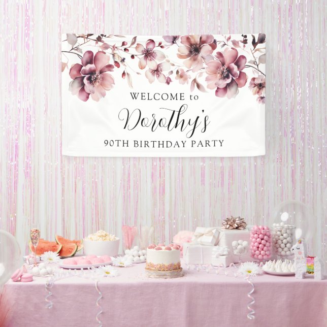 Burgundy Dusty Pink Floral 90th Birthday Welcome  Banner (Party)