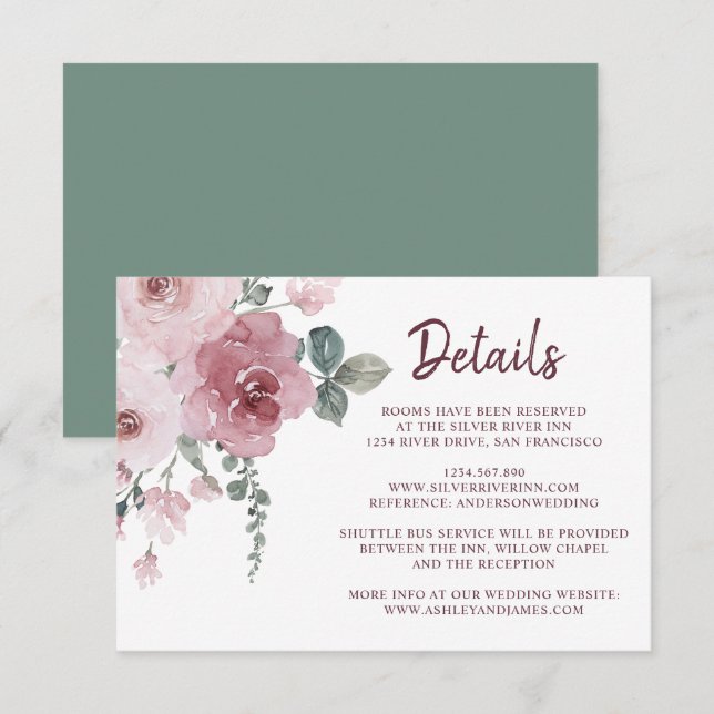 Burgundy Dusty Pink Floral Wedding Details  Enclosure Card (Front/Back)