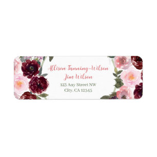 Burgundy Dusty Pink Rose Watercolor Return Address