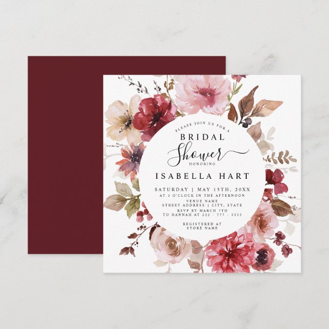 Burgundy Dusty Rose Fall Floral Bridal Shower Invitation (Front/Back)