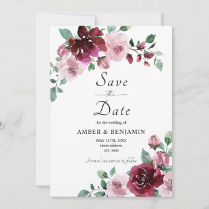 Burgundy & Dusty Rose Floral Wedding Save The Date Invitation