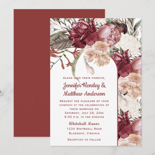 Burgundy Dusty Rose Ivory Peach Floral Wedding  In Invitation (Front/Back)